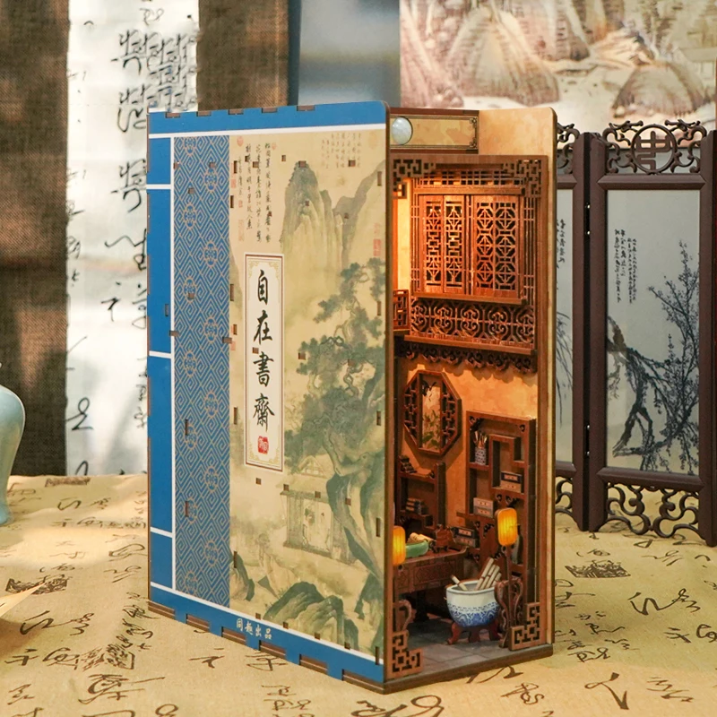 DIY Book Nook Insert Shelf Kits Wooden Miniature Building Kit Chinese Ancient Study Room Bookend Bookshelf Home Decoration Gifts