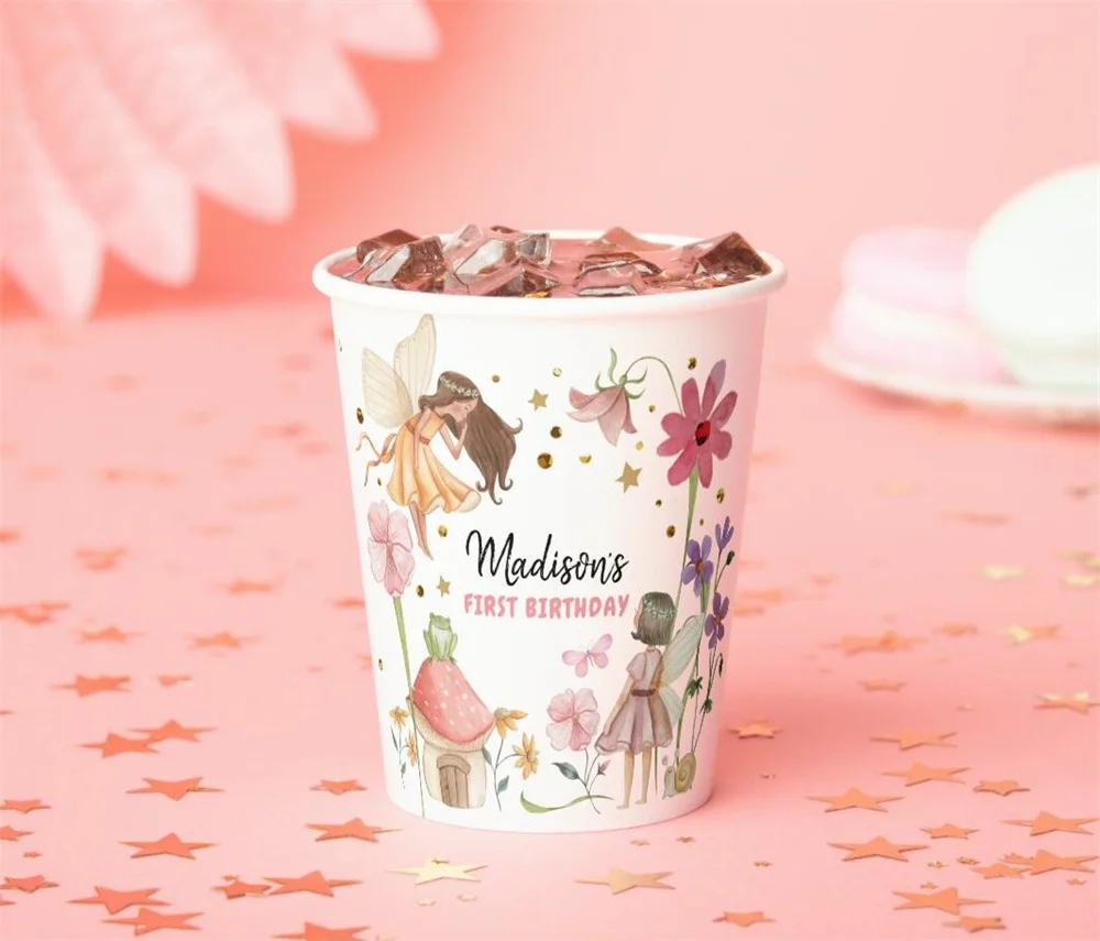 25PCS Custom Fairy Birthday Enchanted Forest Girl 1st Birthday Paper Cups