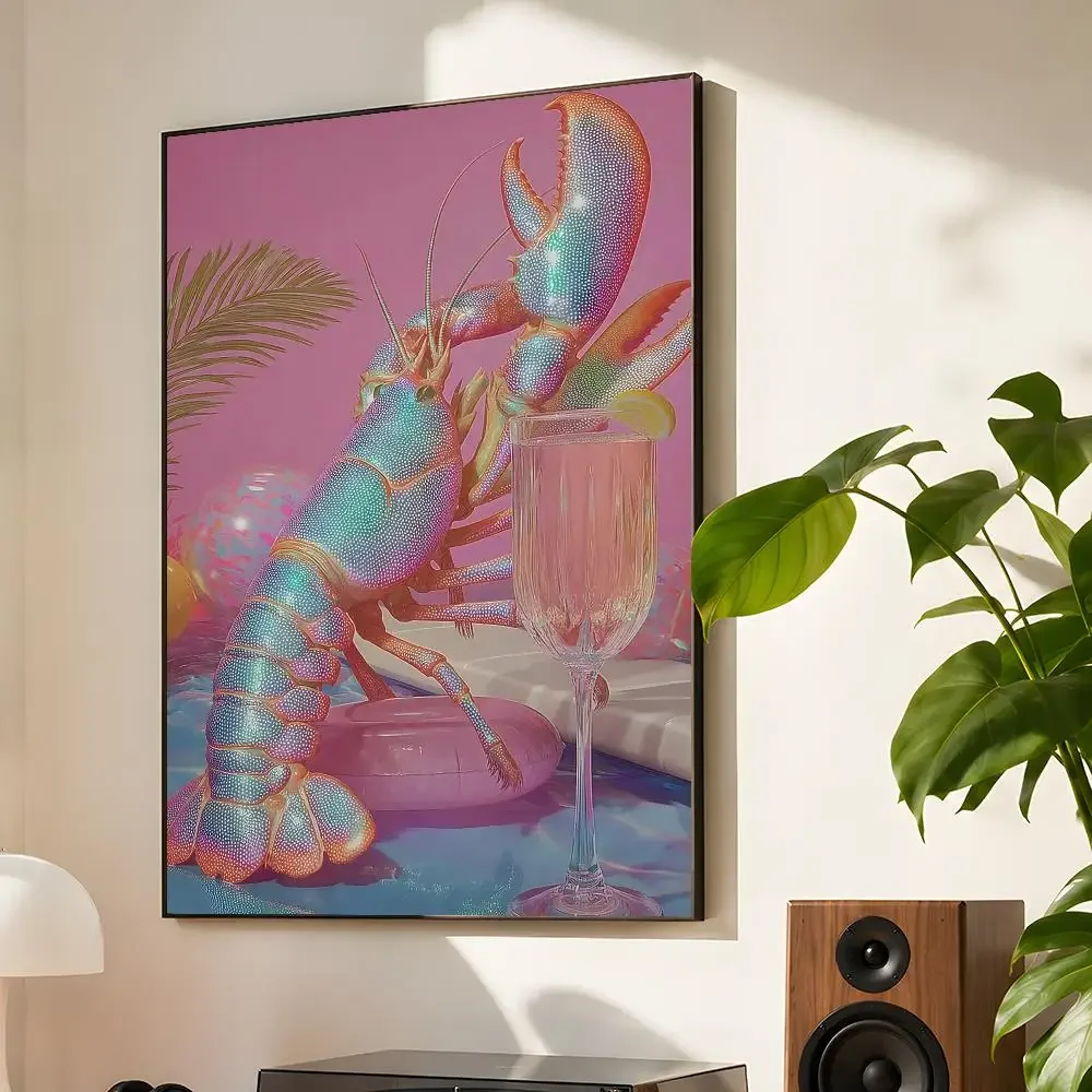 Modern Shrimp Shell Crab Martini Cocktail Pink Disco Seafood Poster Matte Wall Art Waterproof Room Decoration Bedroom