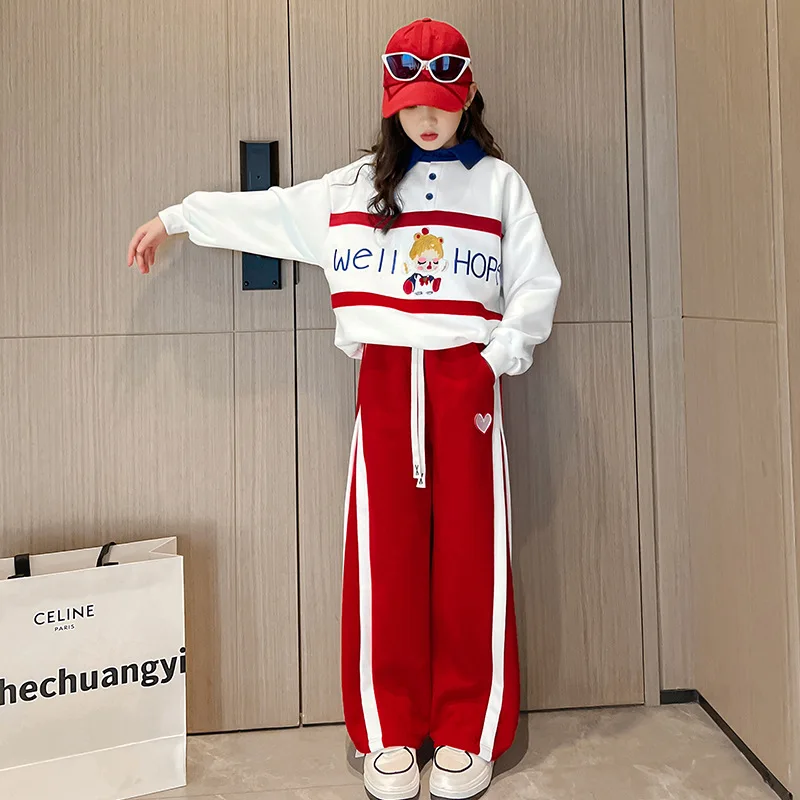 

Spring Autumn School Girl Tracksuit Teenager Girl Cartoon Letter Printed Sweatshirt+Wide-leg Pants Child Jogging Sets 4-12Years