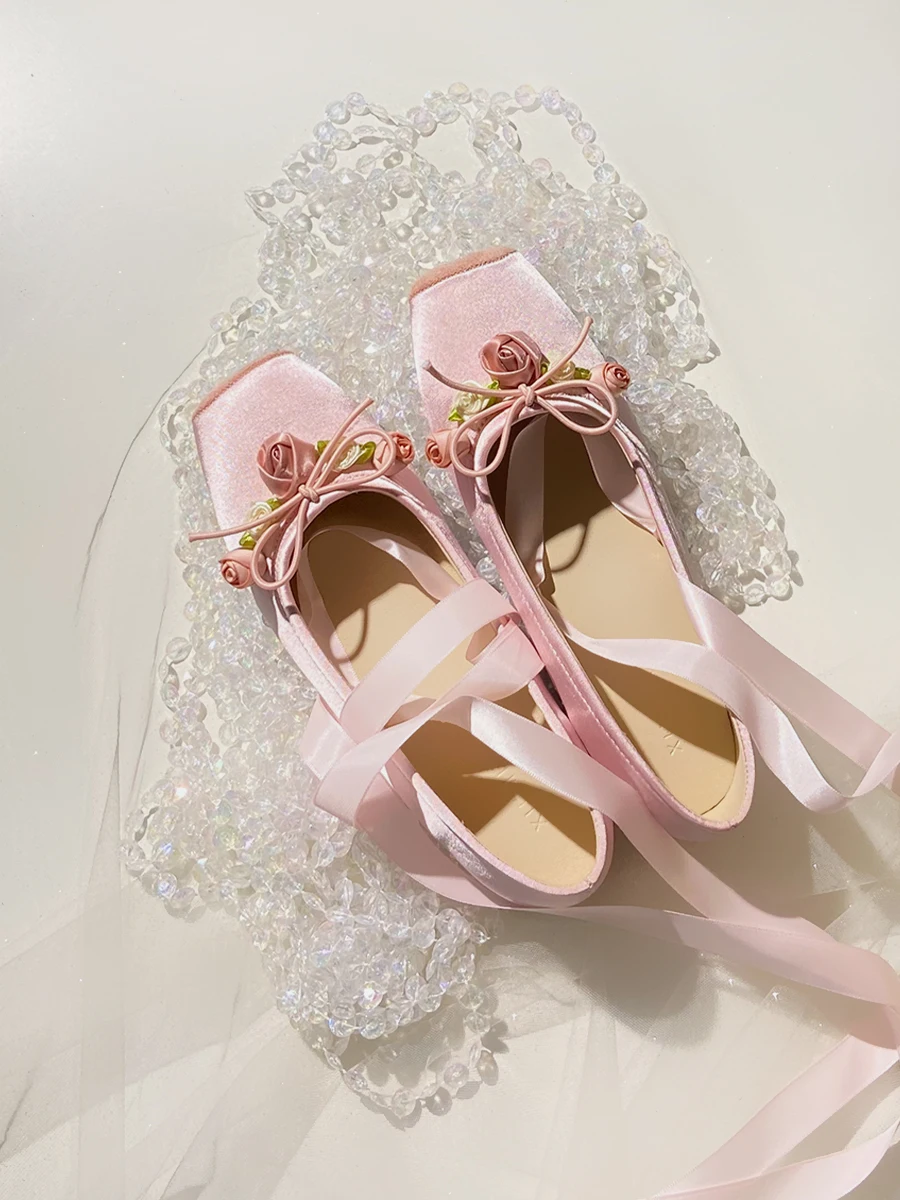new-ballet-flats-women-cross-lacing-single-shoes-silk-satin-fairy-style-rose-flower-flat-bottom-versatile-genuine-leather