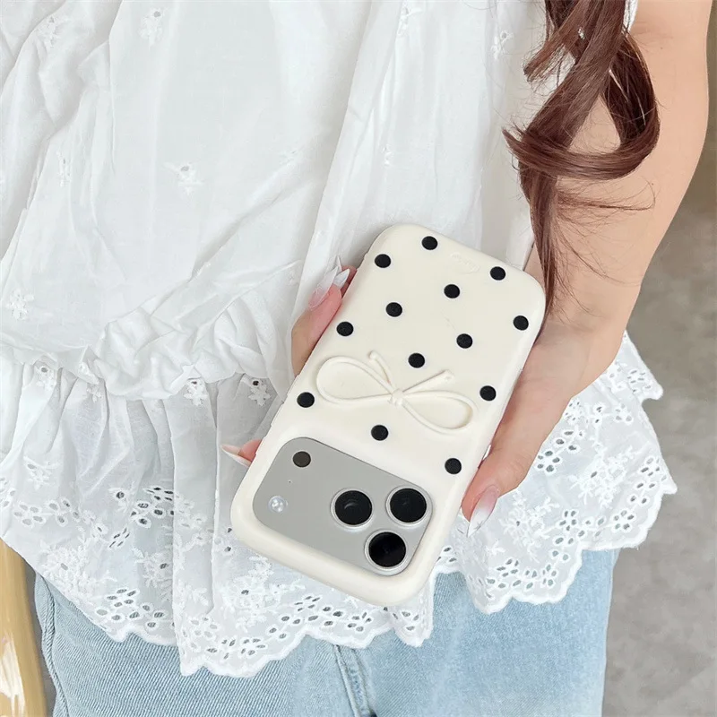 Korean 3D White Bowknot Black Polka Dots Soft Silicone Phone Case For IPhone 17 16 15 14 13 Pro Max Shockproof Protective Cover view 3