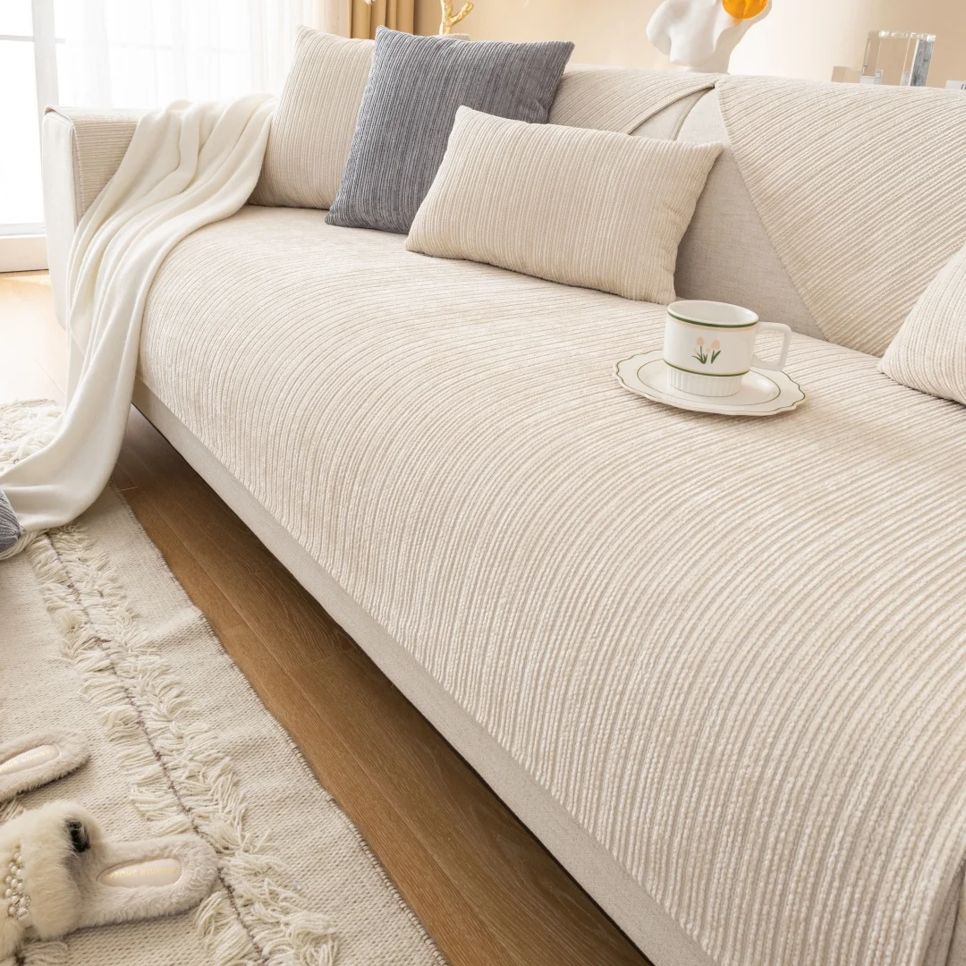 Simplized Solid Thick Non-Slip Chenille Sofa Cushion Cover, Geometric Line Design Universal Sofa Cushion Cover Four Seasons
