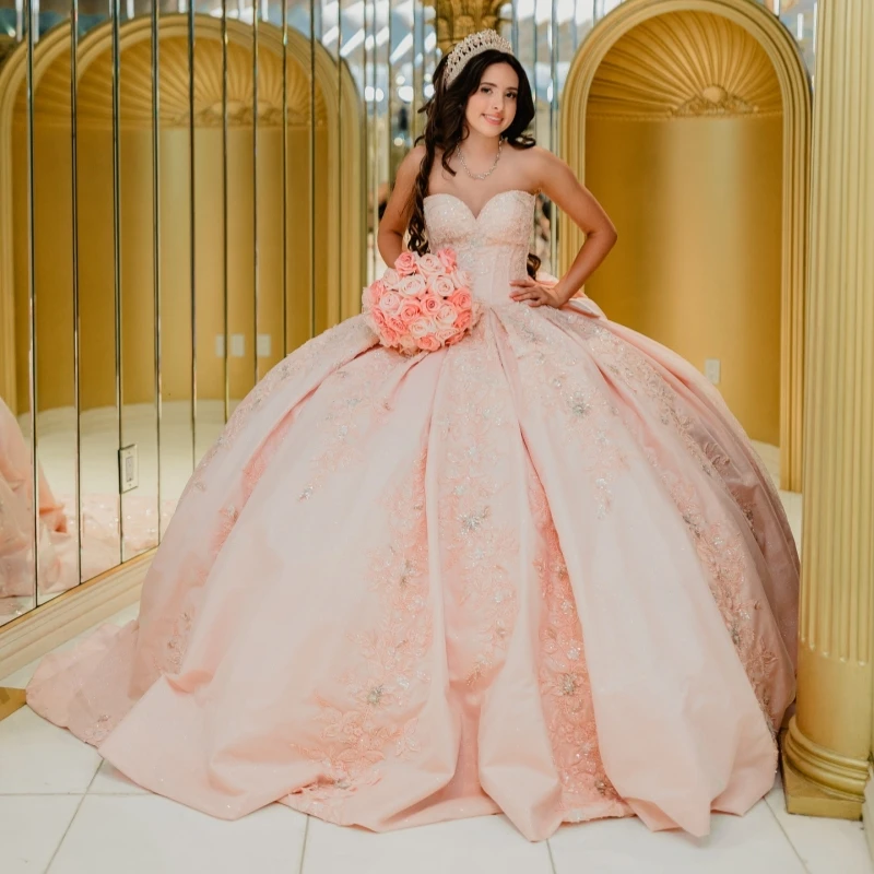 

Светло-розовое бальное платье Quinceanera, платья с открытыми плечами, аппликация, кружево, бисер, кристалл, тюль, вечерние, день рождения, сладкое платье 16, Vesti