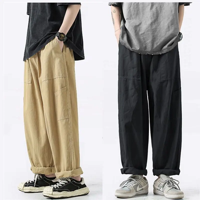 

Japanese Simple Cargo Pants Vintage Work Pants Men Summer Versatile Straight Loose Wide Leg Pants