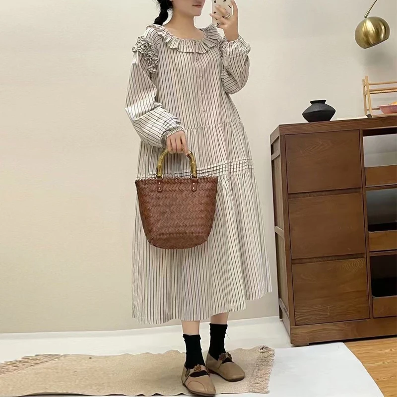 Johnature Japanese Fungus Stripe Pressed Dress 2025 Spring New Loose Patchwork Ruffles Mori Casual Women Dresses