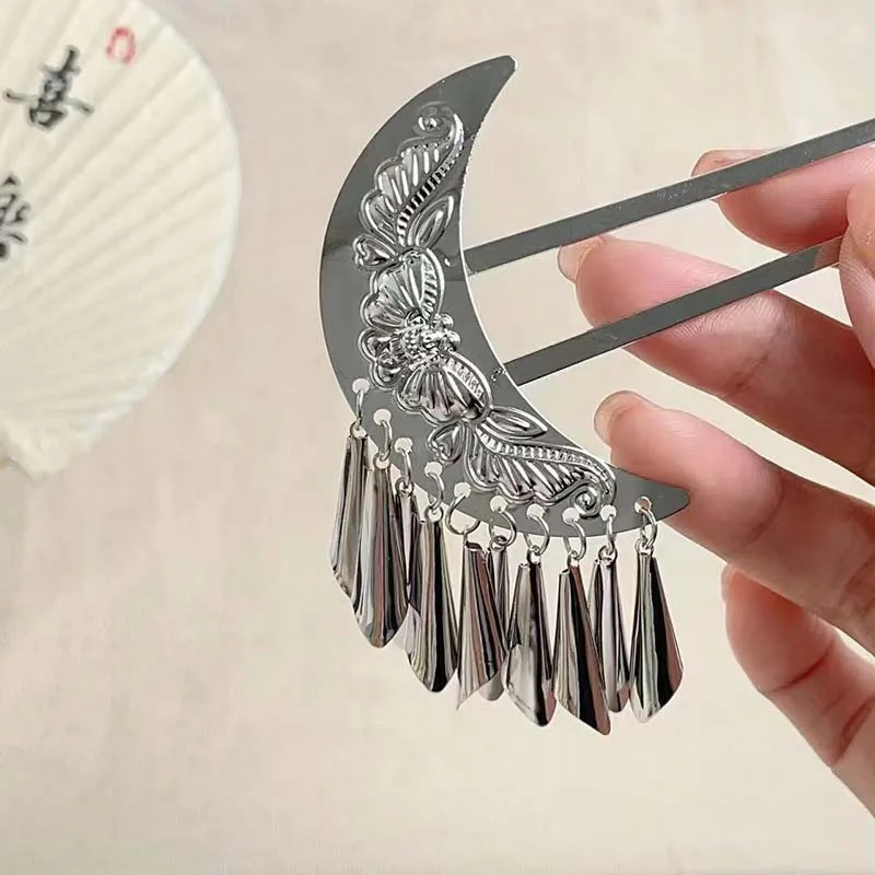 Women's Ethnic Bell Tassels U-Shaped Hairpin with Moon Butterfly Pattern