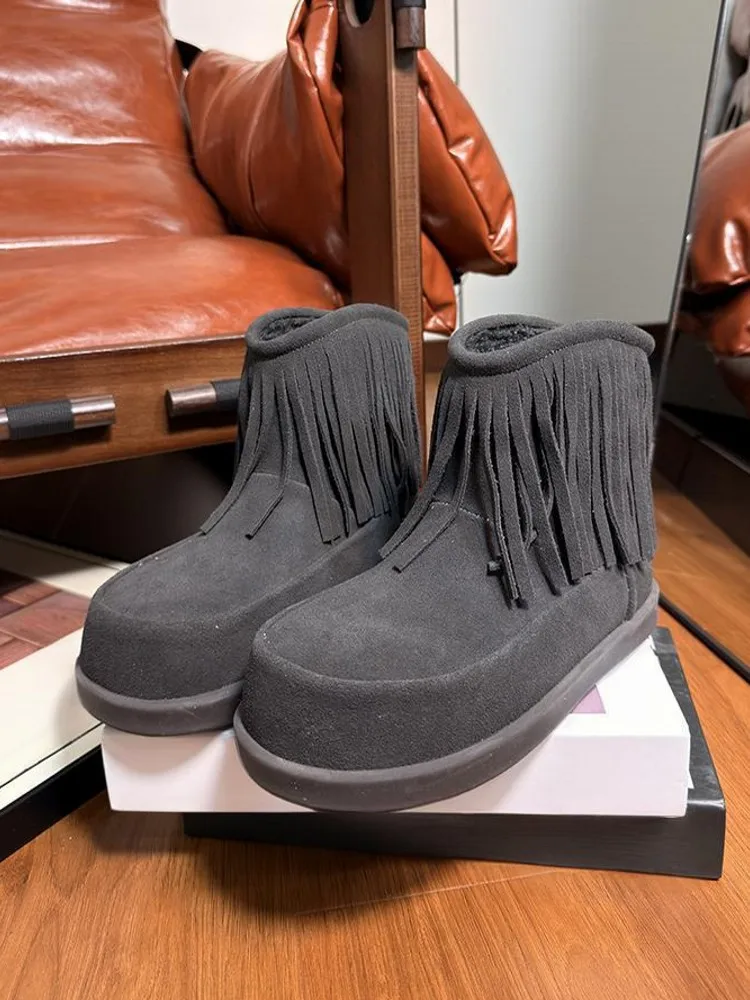 الشتاء أنيقة المرأة شرابة جلد البقر المدبوغ الثلوج الأحذية الدافئة الصوف عالية أعلى الأحذية عارضة جولة تو الكاحل السيدات حذاء مسطح #5