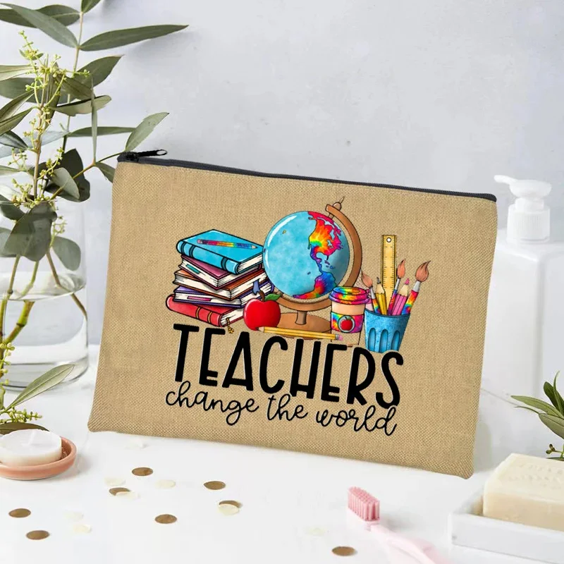 Teacher Change The World Linen Pouch Travel Toiletry Organizer Back To School Teacher Gift Cosmetic Bag Women Neceser Makeup Bag