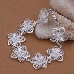 925 Sterling Silver Bracelet Flower Chain Elegant Beautiful Jewelry Wedding  for Women Lady Cute   20cm 8inch