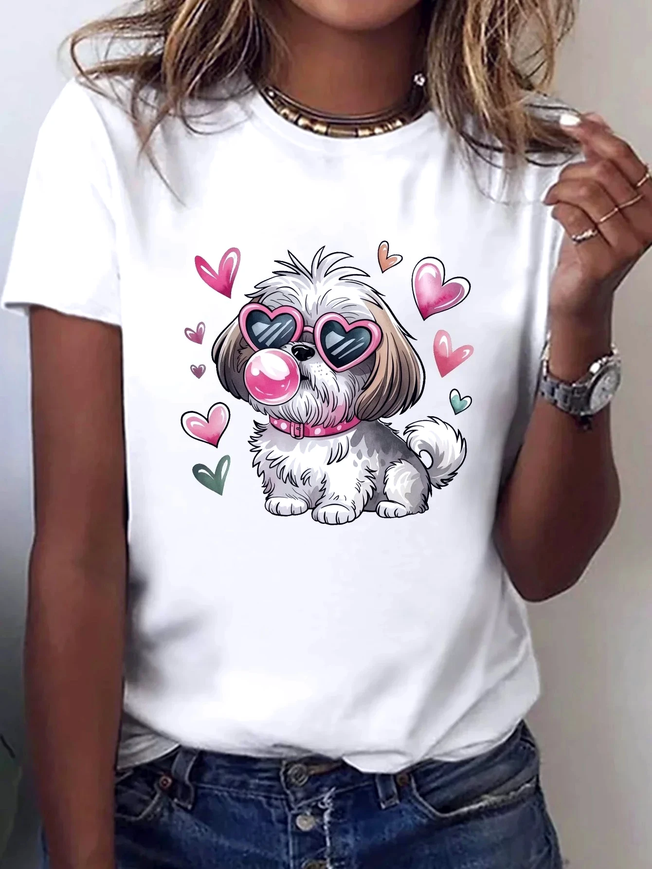 

Женская футболка с принтом Shih Tzu, повседневная футболка с круглым вырезом, летние топы в стиле Харадзюку, уличная одежда, бесплатная доставка