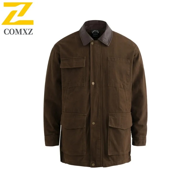 

COMXZ Men Denim Varsity Jacket Athflow Road Trip Big Pocket Utility Workwear Travel Valley Jackets Daily Walk Breathable Coat