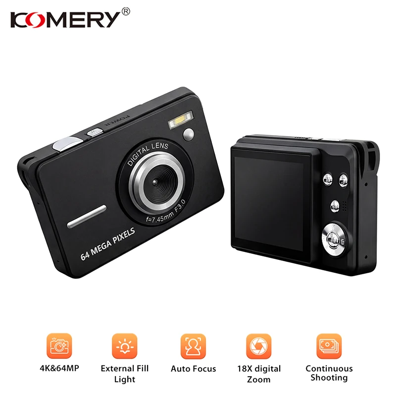 

Цифровая камера Komery NEW с автофокусом, портативная, 18-кратный зум, 4K, винтажный видеорегистратор для видеоблогов, 64 МП, CCD-камера для селфи