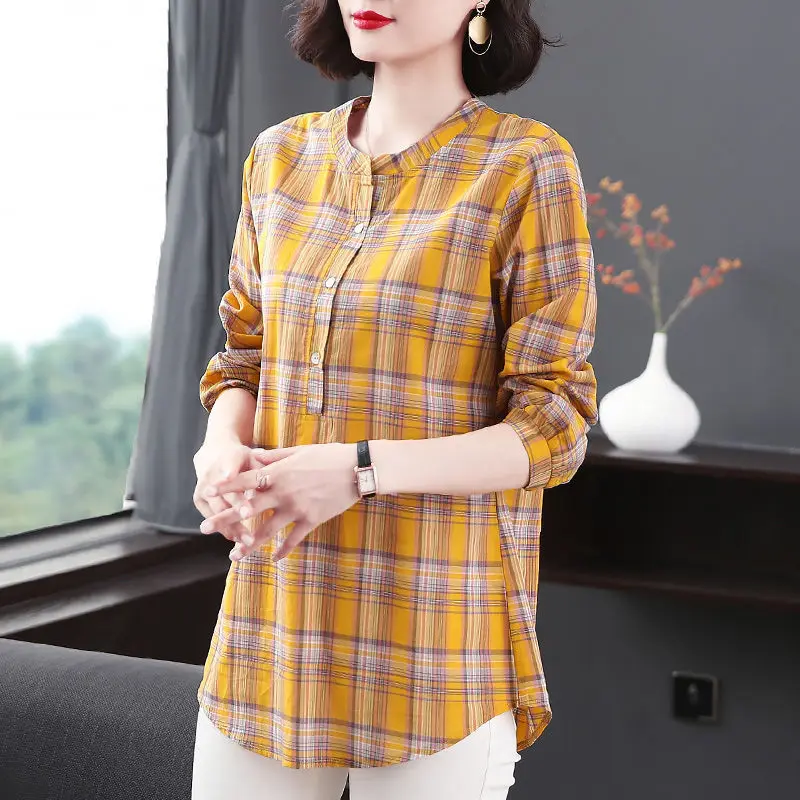 Fashion All-match Round Neck Plaid Shirt Women\'s Clothing Summer New Vintage Casual 3/4 Sleeve Button Spliced Pullovers Blouses