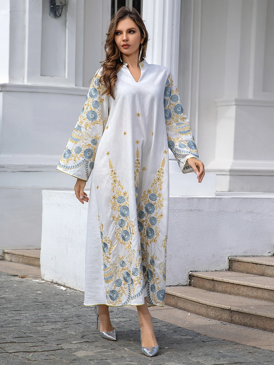 Siskakia White Floral Embroidery Evening Party Long Dresses Jalabiyat Turkish Moroccan Kaftan Saudi Traditional Kurdish Women Cl