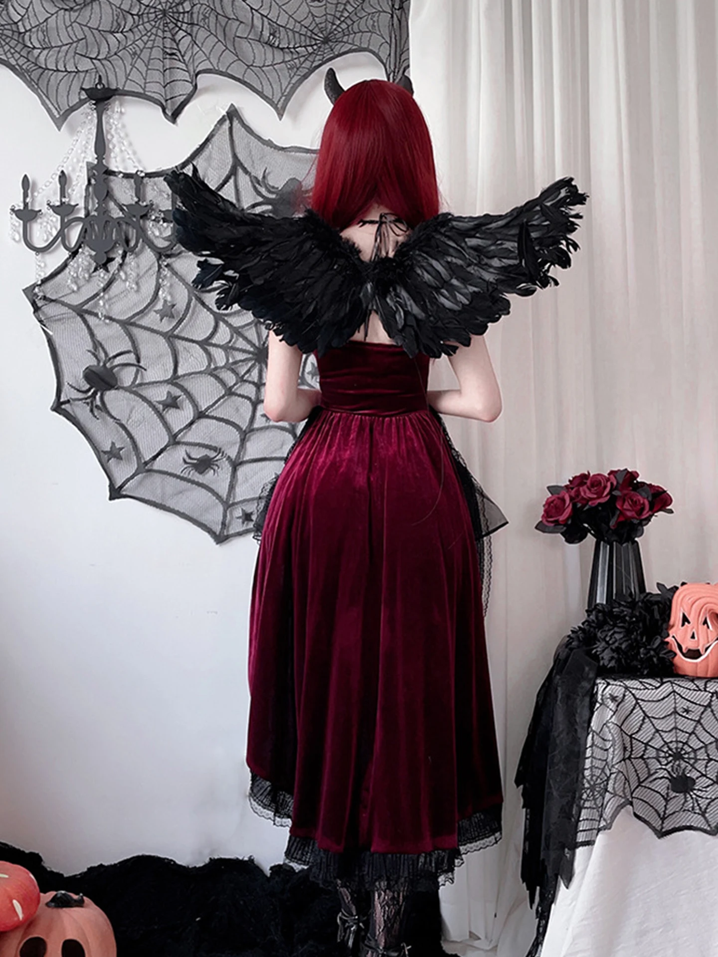 Gothic Halloween Cosplay Dr. Red Bla Lolita Rock Spitze Detailliertes Damen Tailliertes Sle Bell Bot Rock Trägerkleid
