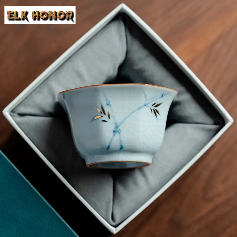 

95ml Ru Kiln Hand-painted Bamboo Teacup Retro Tea Bowl Sample Tea Cup Tea-tasting Smelling Cup Chazhan Master Cups Drinkware