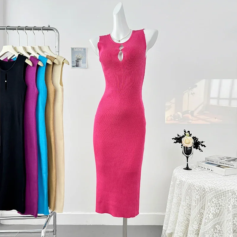 2025 نمط الشاطئ بلون محبوك فستان طويل س الرقبة أكمام Bodycon فساتين الجوف خارج مثير موضة فستان بوهيمي