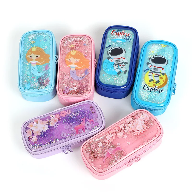 Internet Celebrity Liquid Sand Stationery Box Girl Cartoon Children's Case Student Cute Simple Creative Plastic Pencil Bag