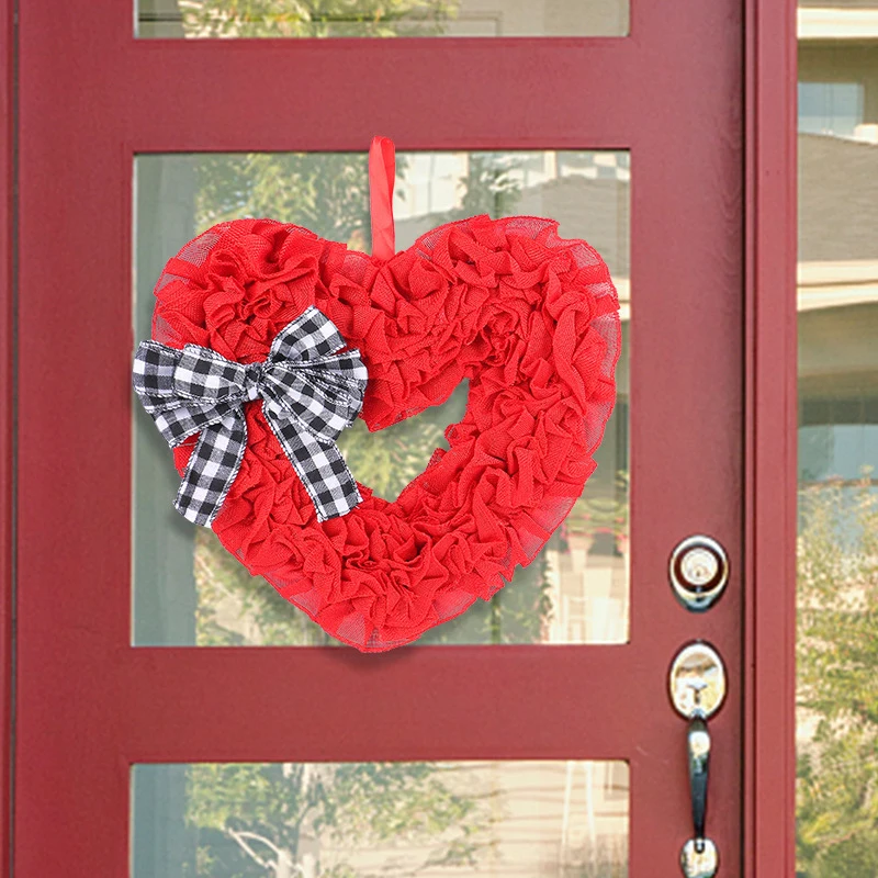 Valentine S Day Bow Wreath Sztuczny czerwony wieniec w kształcie serca z wiszącą liną na okno drzwi wejściowych