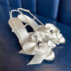 White Flower Sandals Round Toe Black Bow Detail Hollow Slingback Buckle Stiletto Heels Summer Party Dress Casual Shoes