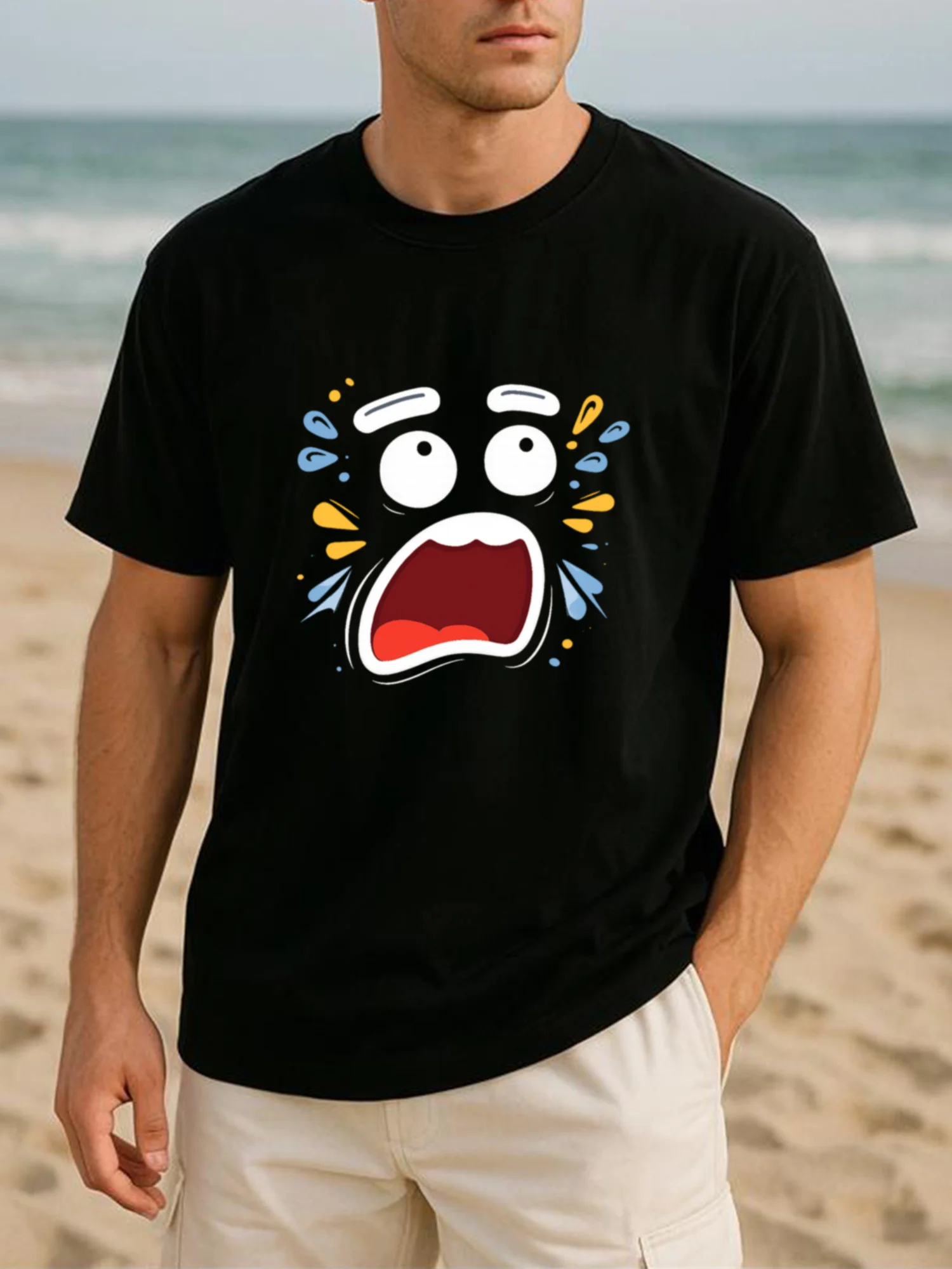 Patterned Expression, Fun Style for Social Anxiety. Perfect for Any Season, Made of Pure, Lightweight Round-Neck Short-Sleeve Top, Easy And Trendy Men'S Apparel