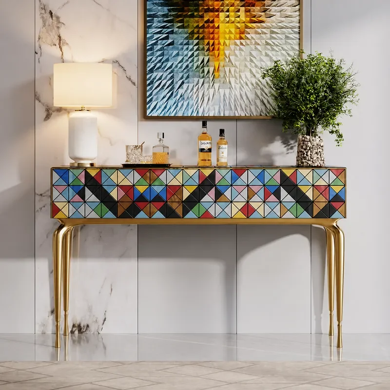 Italian Light Luxury Entrance Cabinet Rhombus Shaped Painted Art Decoration Cabinet High End Dining Side Cabinet