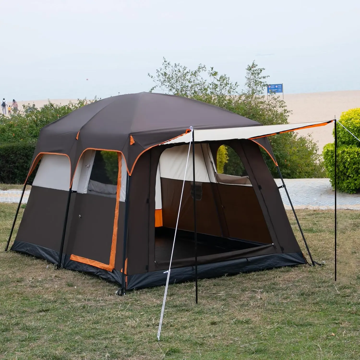 Large tent for 6 people, family cabin, straight wall, 3 doors 3 windows with net, waterproof, suitable for outdoor, picnic,