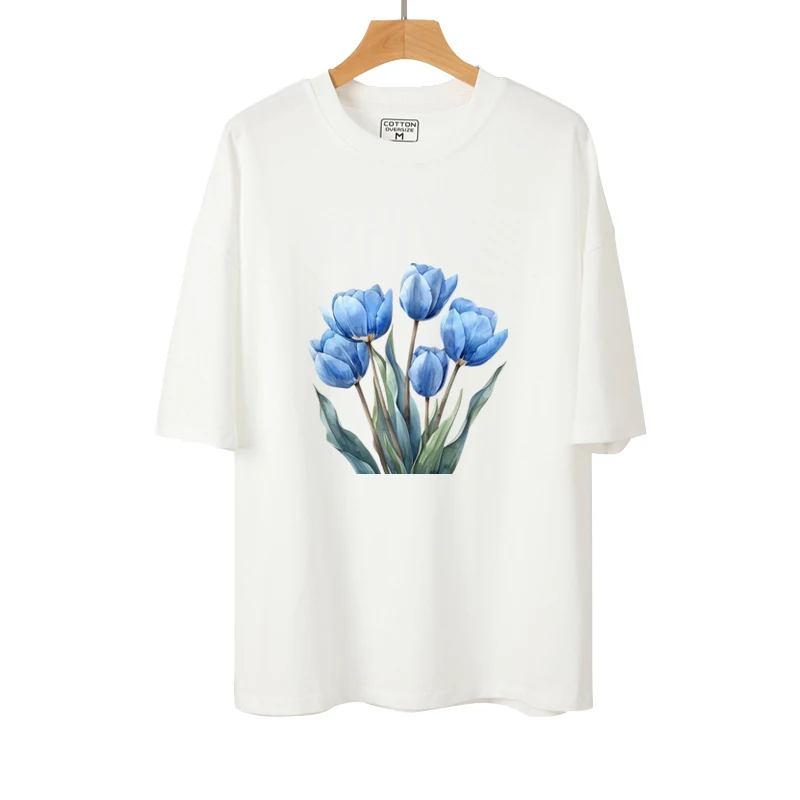 22cm Dreamy Blue Tulip Beautiful Bouquet Clothing Sticker Heat Transfer Printing DTF Ironing Patch Women T-shirt decorate Pillow