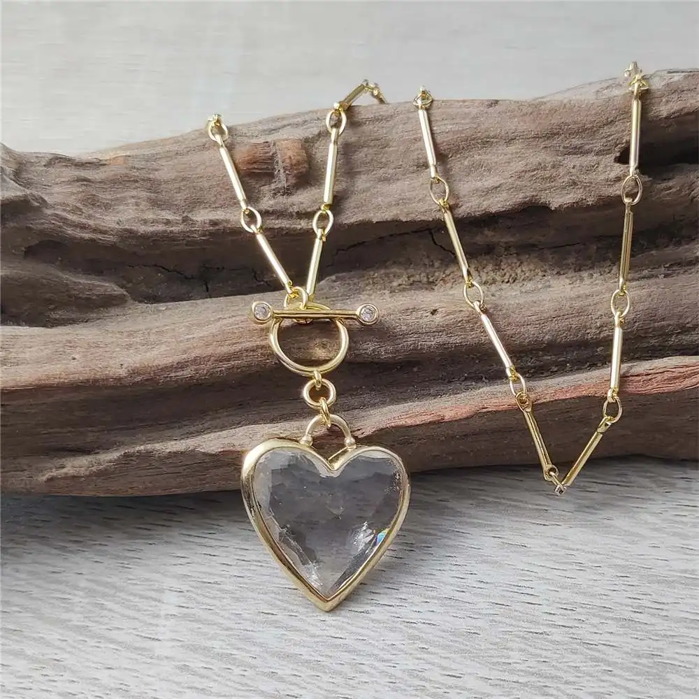 

FUWO Natural Crystal Quartz Neckace,Faceted Love Heart Shaped Stone With 17"/22" Golden Stick OT Chain Jewelry NC475-1 5 Pcs/Lot