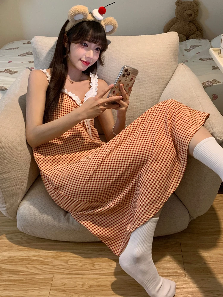 DAIMELU new summer sexy sleepwear suspender nightdress women pajamas with chest pads sweet plaid small loungewear lady nightgown