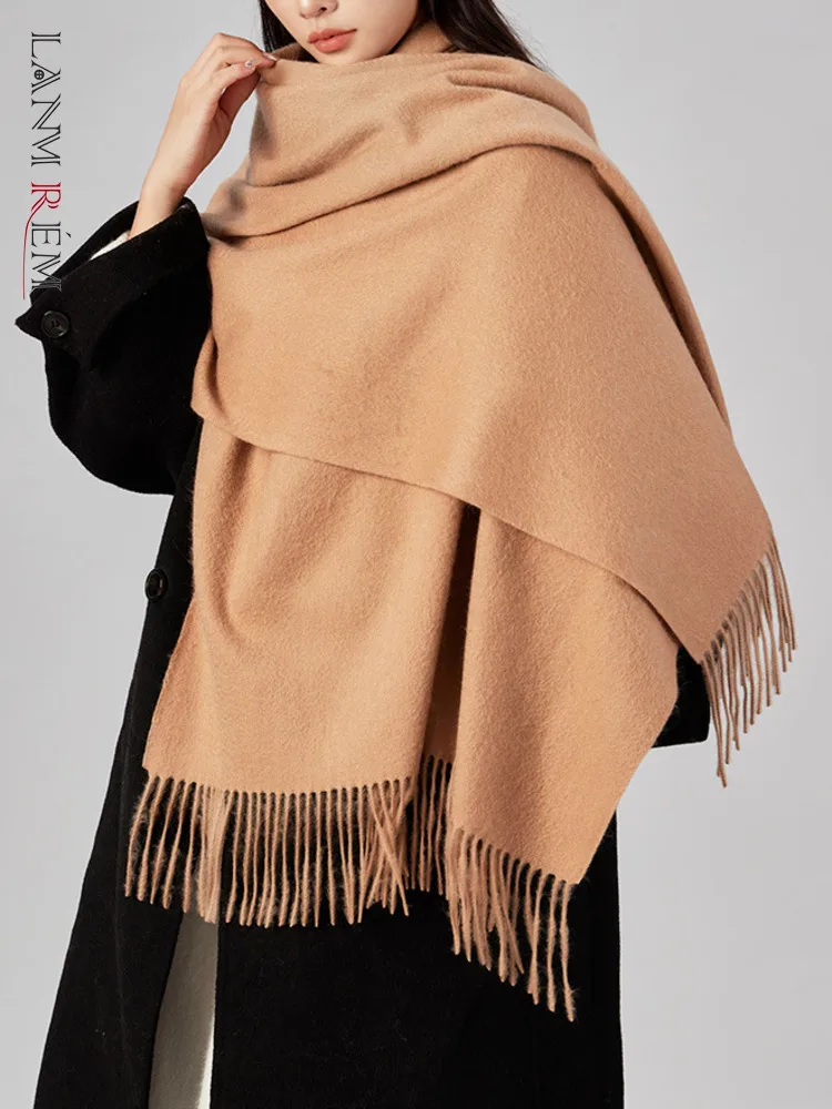 [LANMREM] Tassel Design 100% Wool Knit Scarf For Women Thick Warm Casual Female Scarfs Office Lady 2024 Winter New 26C1478