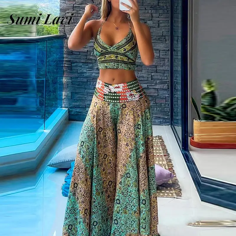 

Women Fashion Pattern Print Beach Party Suit Casual Sleeveless Wide Leg 2Pc Sets Elegant V-neck Sling Tops & Long Pants Outfits