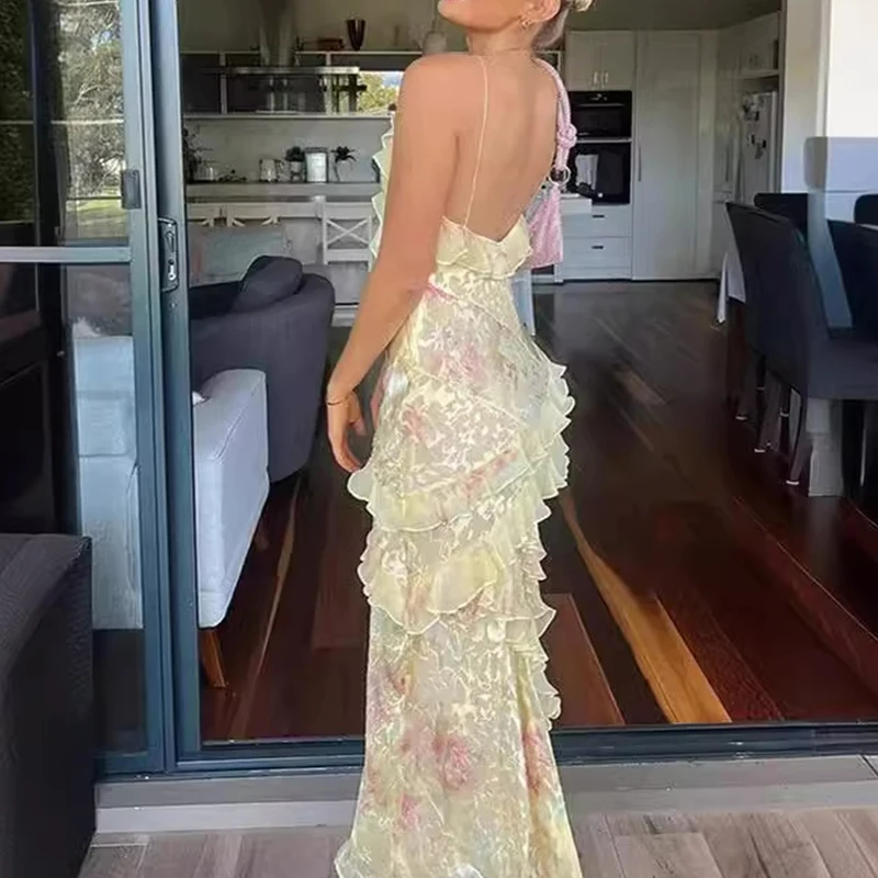 

New Women's V Neck Ruffled Slim Long Dress Fashion Sleeveless Floral Print Suspender Dress Casual Backless Summer Beach Dresses