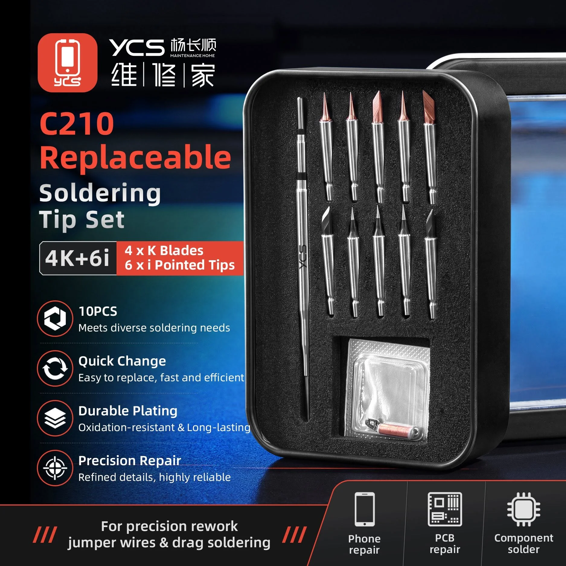 YCS C210 Replaceable Soldering Iron Tip Set 10PCS Plugin K-Type Knife I-Type Pointed Tips with Jumper Wire for Phone  BGA Repair