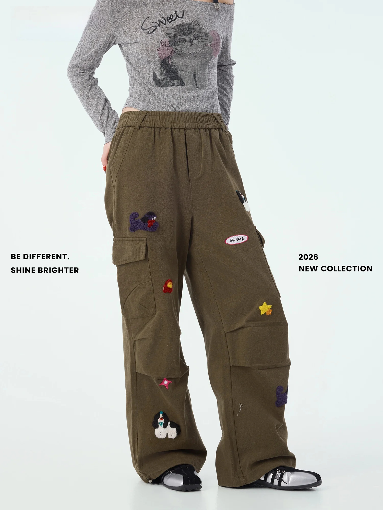 

Новые весенние женские брюки-парашюты свободного кроя с прямым силуэтом, хлопковые повседневные брюки с мультяшным принтом и эластичным поясом