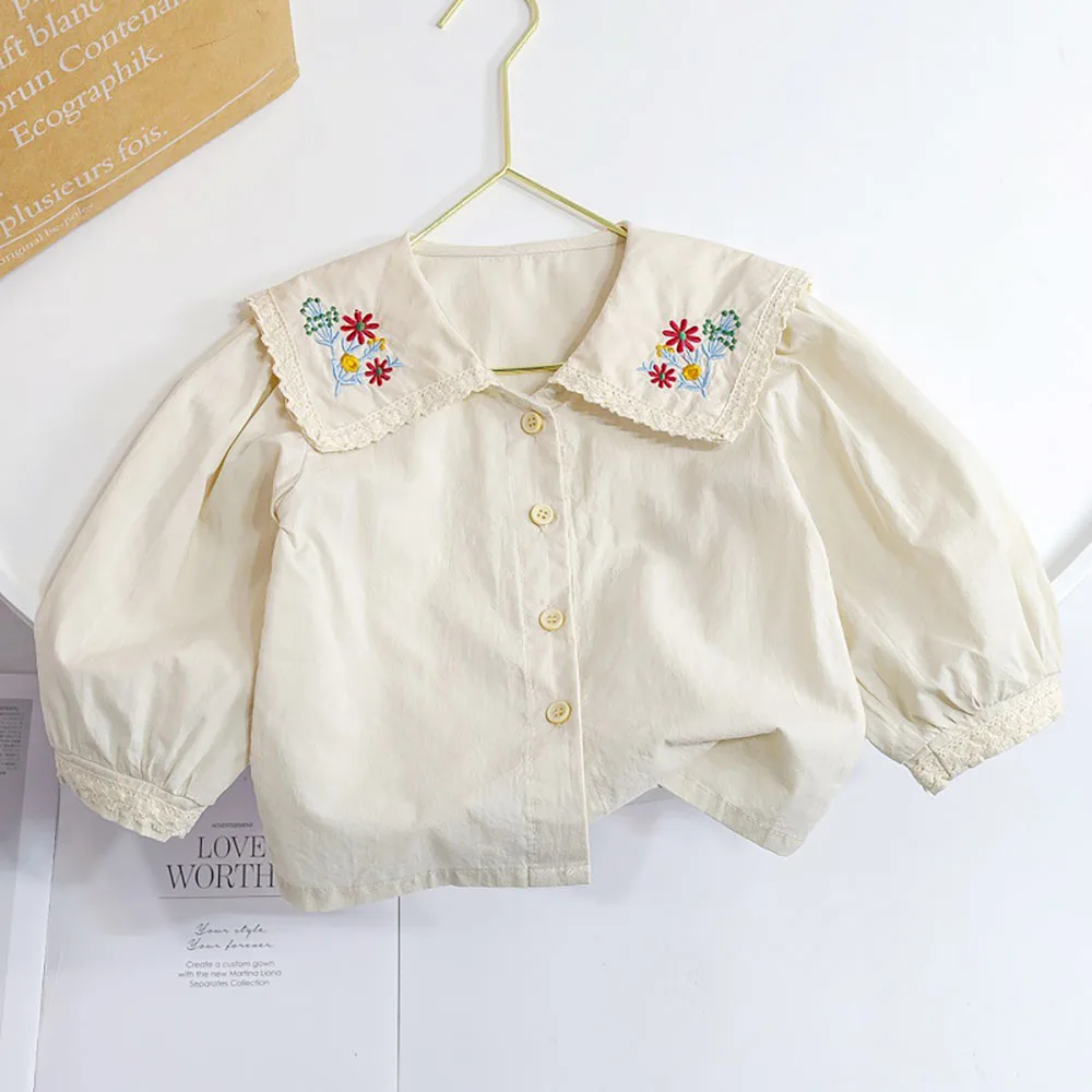 Kids Girls Blouse Floral Embroidery Peter Pan Collar Shirts Spring Long Sleeve Single-Breasted Shirt Tops Children Clothes 1-6Y