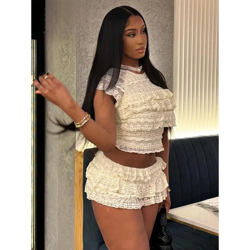 Estranho gato sexy em camadas feminino 2 peças conjunto verão elegante fino babados tnak topo + shorts saias meia-noite concerto festa combinando terno