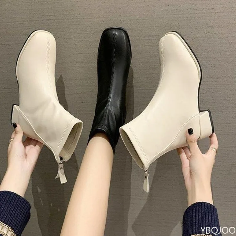 Botas de tacón bajo versátiles a la moda para mujer, botas cortas elegantes minimalistas con punta cuadrada para otoño e invierno, zapatos cómodos