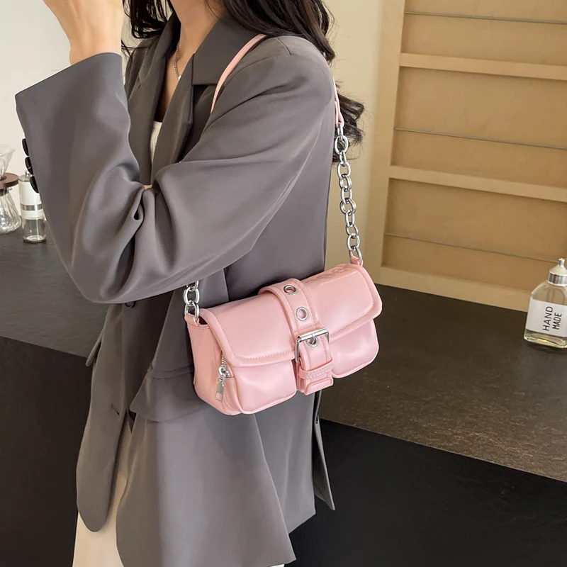 Belt Design Small Underarm Shoulder Bags for Women 2024 Korean Fashion Females Chain Crossbody Bag Lady Y2K Handbags and Purses