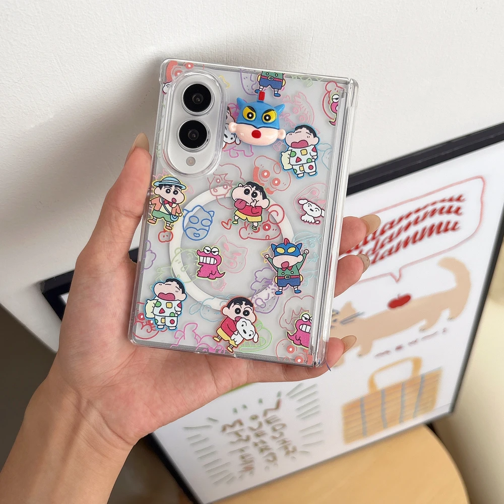 Cute Cartoon Anime Crayon Shin chan Magnetic Holder Wireless Charge Phone Case For Samsung Galaxy Z Fold 8 7 Ultra Hard Cover