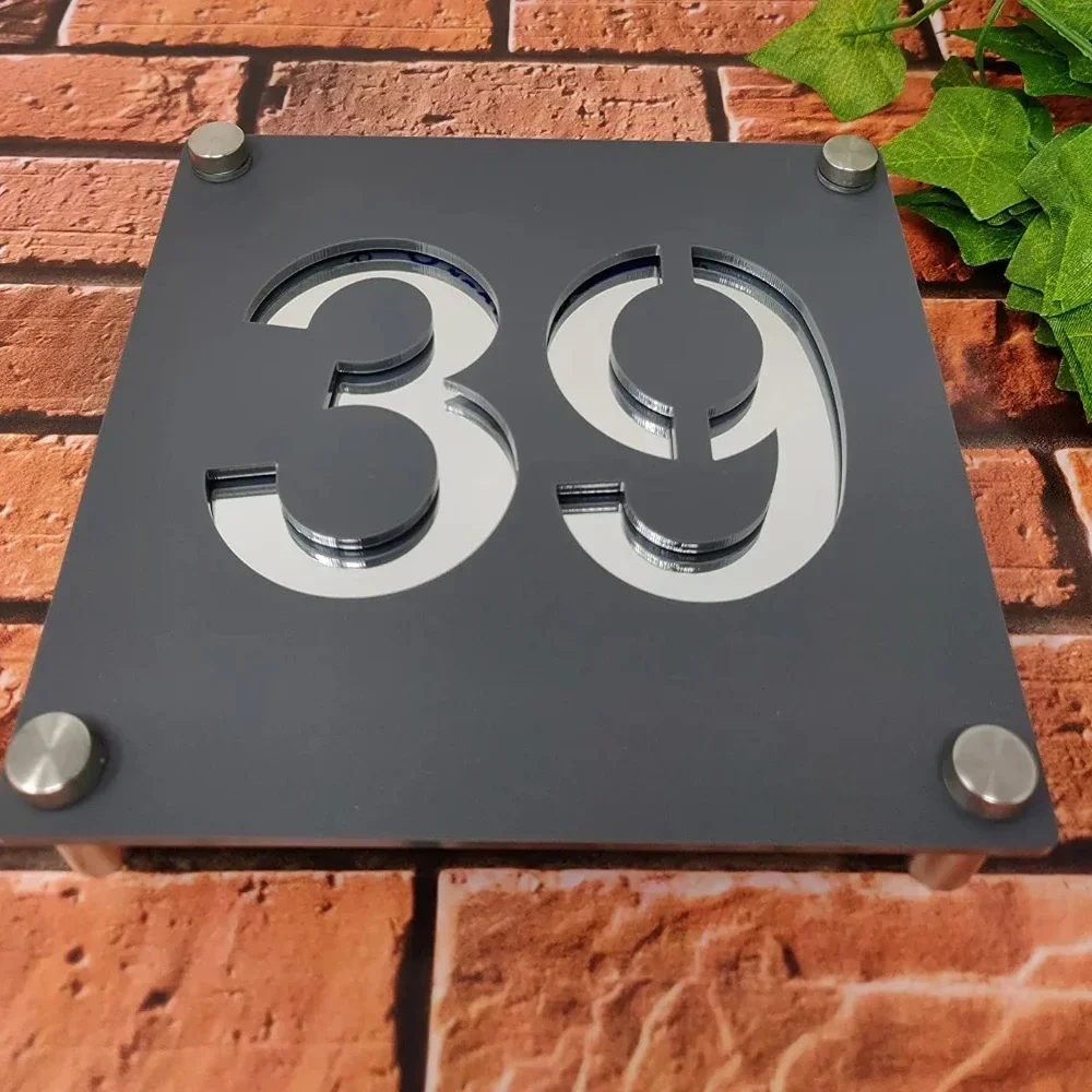 Laser-Cut Acrylic House Sign Address Plate with Mirror Backing Number & Street Name Silver/Gold Mirror Finish
