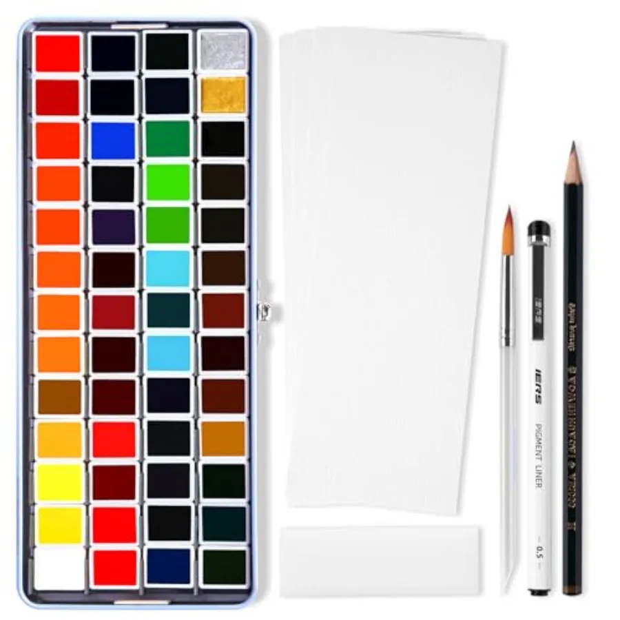 

MeiLiang Watercolor Paint Set 52 Colors in Half Pans with Drawing Pencil, Paint Brushes, 5 Watercolor Paper, Sponge, Black Draw