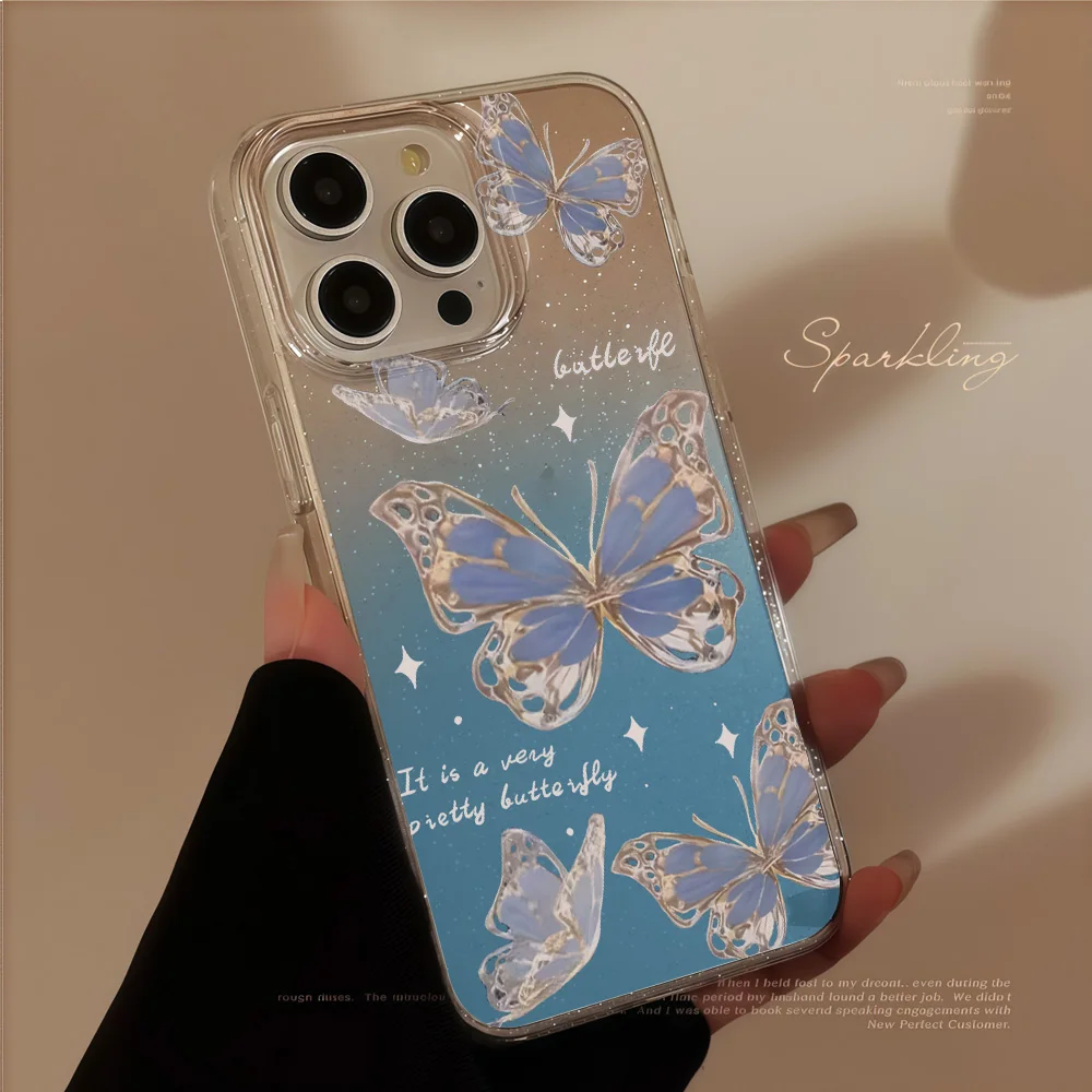 Luxury Blue Butterfly Clear Glitter Phone Case For iPhone 17 13 16 15 11 12 14 Pro Max  XR 17 Air 16e Case Soft Shockproof Cover view 6