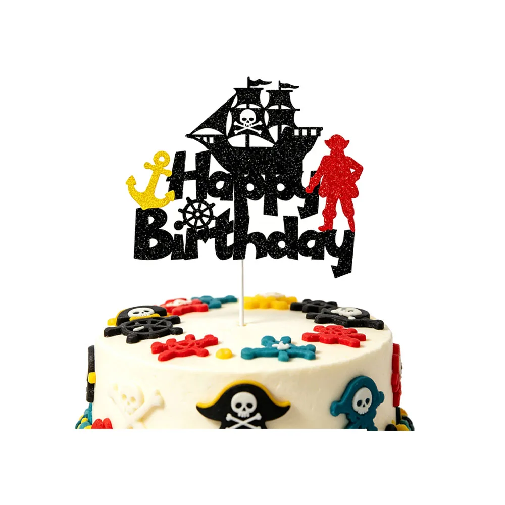 Pirate Party Birthday Cake Decor Happy Birthday Cake Topper Skull Ship Treasure Chest Cupcake Toppers Pirate Nautical Theme Deco view 4