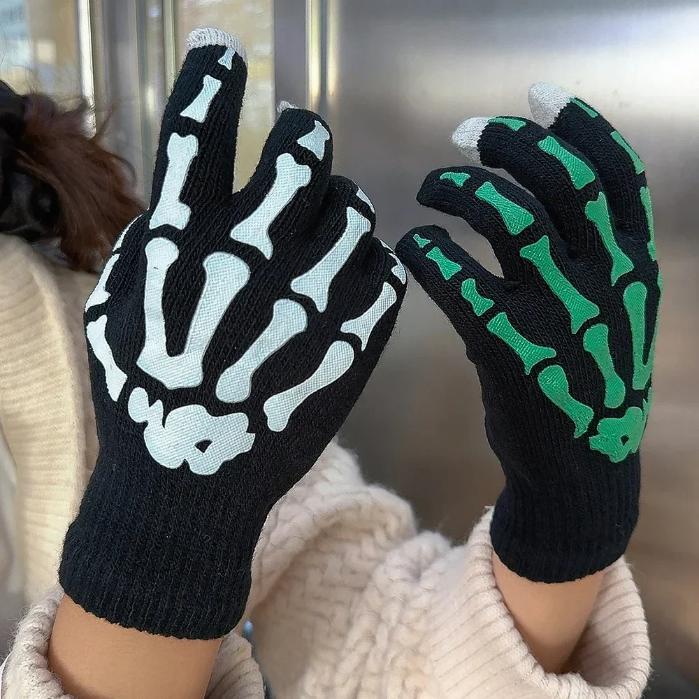 Nuevos guantes Punk Unisex Halloween esqueleto cráneo medio dedo guantes que brillan en la oscuridad sin dedos estiramiento tejido manoplas de invierno