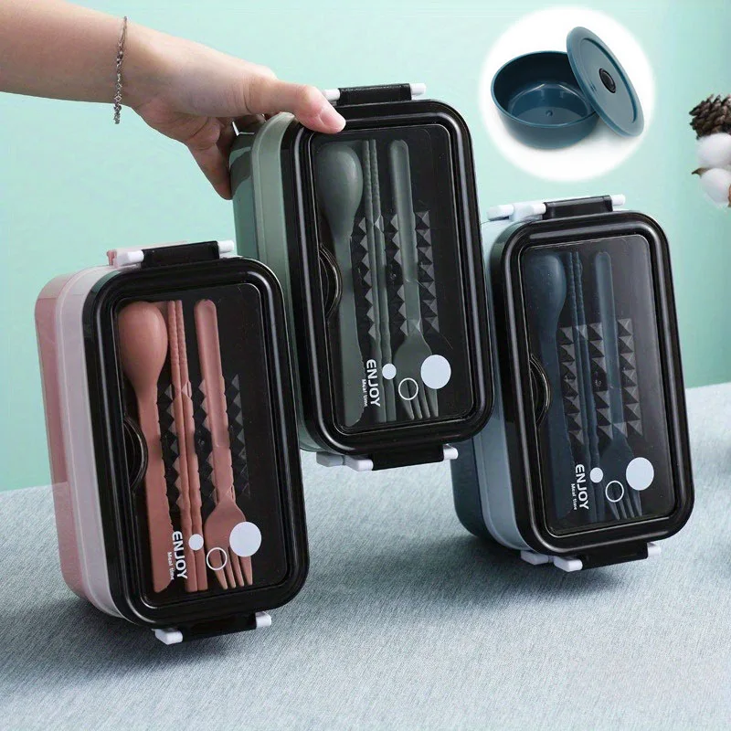 Fiambrera para horno microondas de doble capa School Start Season, incluida tazón de sopa, cuchillo, tenedor y cuchara, fiambrera escolar