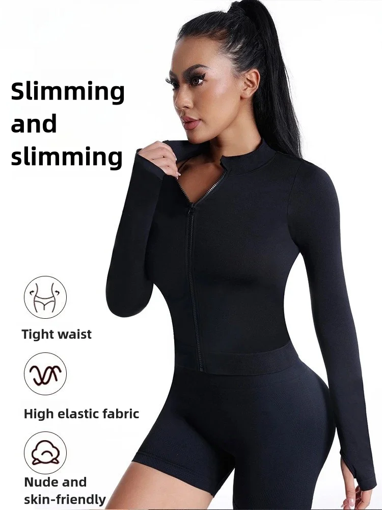 

UFO011 Women's One-Piece Black Yoga Suit - Slim-Fit, Long-Sleeve Activewear with Thumb Holes for Yoga & Running