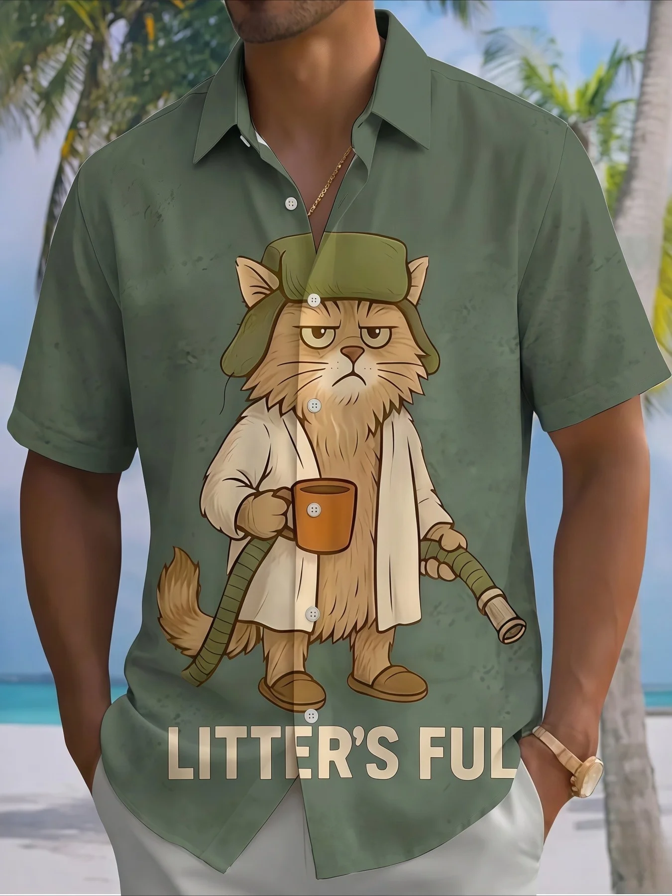 Men's Shirt Cartoon Cat Graphic Print Green Base Short Sleeve Turn Down Collar Summer Leisure Vacation Casual Mens Clothing