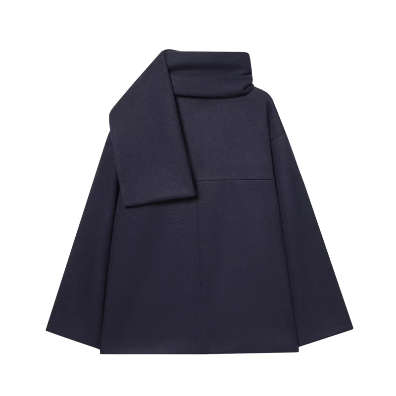 Manteau cape en laine mélangée bleu marine pour femmes, décolleté ample, veste décontractée à simple boutonnage, nouvelle collection début du printemps 2026